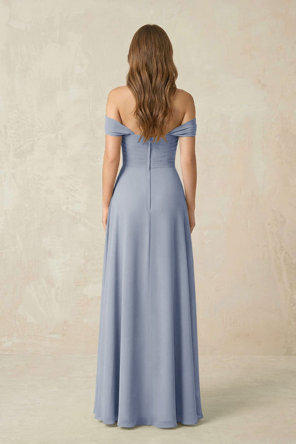 Off - the - Shoulder A - Line Chiffon Pleated Bridesmaid Dress in Twilight - KissProm Bridesmaid Dresses