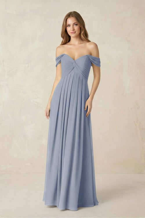 Off - the - Shoulder A - Line Chiffon Pleated Bridesmaid Dress in Twilight - KissProm Bridesmaid Dresses