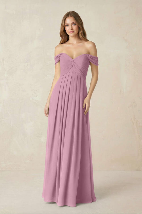 Off - the - Shoulder A - Line Chiffon Pleated Bridesmaid Dress in Vintage Mauve - KissProm Bridesmaid Dresses