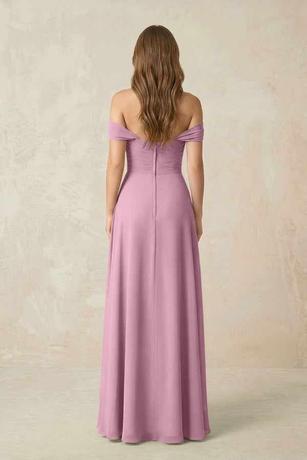Off - the - Shoulder A - Line Chiffon Pleated Bridesmaid Dress in Vintage Mauve - KissProm Bridesmaid Dresses
