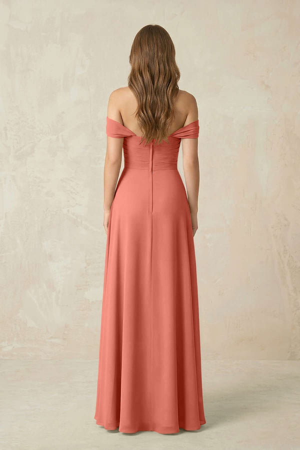 Off - the - Shoulder A - Line Chiffon Pleated Bridesmaid Dress in Wild Rose - KissProm Bridesmaid Dresses