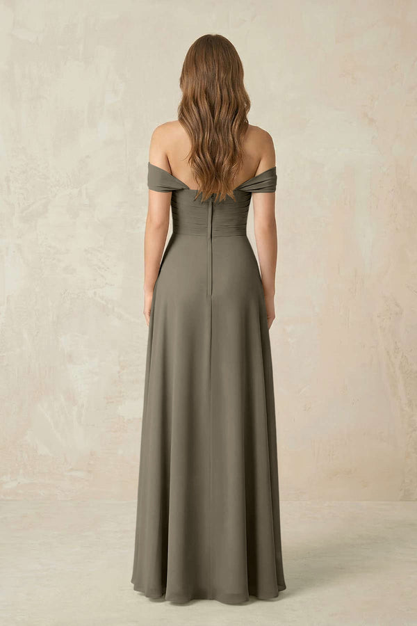 Off - the - Shoulder A - Line Chiffon Pleated Bridesmaid Dress in Willow Green - KissProm Bridesmaid Dresses
