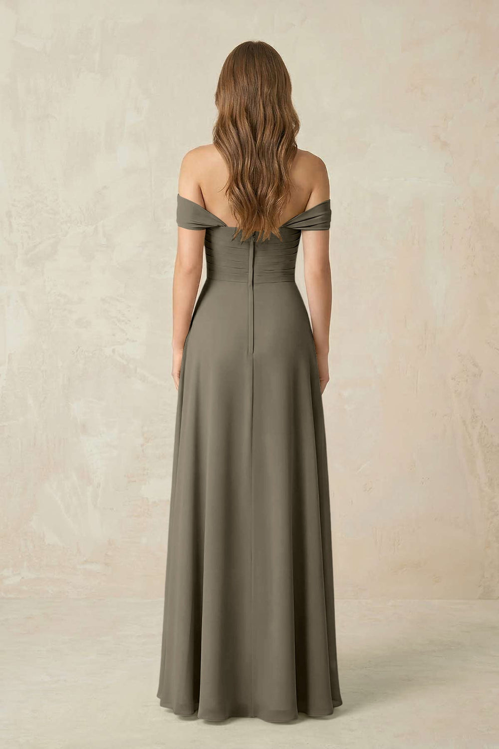 Off - the - Shoulder A - Line Chiffon Pleated Bridesmaid Dress in Willow Green - KissProm Bridesmaid Dresses