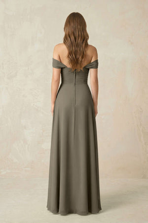 Off - the - Shoulder A - Line Chiffon Pleated Bridesmaid Dress in Willow Green - KissProm Bridesmaid Dresses