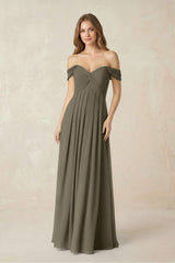 Off - the - Shoulder A - Line Chiffon Pleated Bridesmaid Dress in Willow Green - KissProm Bridesmaid Dresses