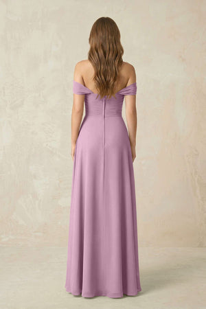 Off - the - Shoulder A - Line Chiffon Pleated Bridesmaid Dress in Wisteria - KissProm Bridesmaid Dresses