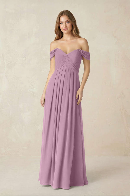 Off - the - Shoulder A - Line Chiffon Pleated Bridesmaid Dress in Wisteria - KissProm Bridesmaid Dresses