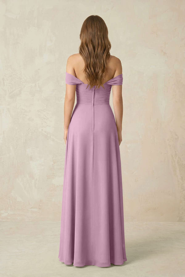 Off - the - Shoulder A - Line Chiffon Pleated Bridesmaid Dress in Wisteria - KissProm Bridesmaid Dresses