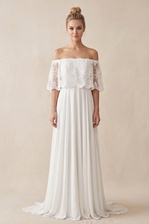 Off - the - Shoulder A - Line Chiffon Pleated Wedding Dress in White - KissProm Wedding Dresses