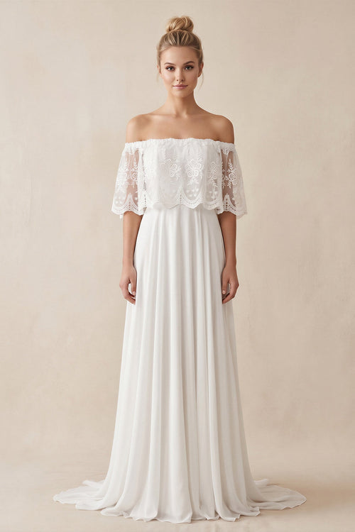 Off - the - Shoulder A - Line Chiffon Pleated Wedding Dress in White - KissProm Wedding Dresses
