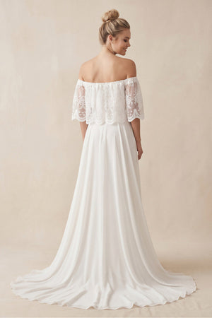 Off - the - Shoulder A - Line Chiffon Pleated Wedding Dress in White - KissProm Wedding Dresses