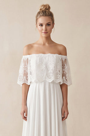 Off - the - Shoulder A - Line Chiffon Pleated Wedding Dress in White - KissProm Wedding Dresses