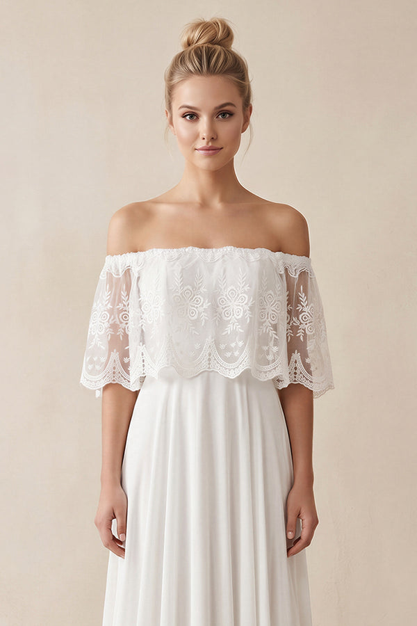 Off - the - Shoulder A - Line Chiffon Pleated Wedding Dress in White - KissProm Wedding Dresses