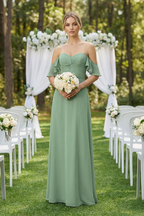 Off-the-Shoulder A-Line Chiffon Ruched Bridesmaid Dress in Sea Glass - KissProm BRIDESMAID DRESSES