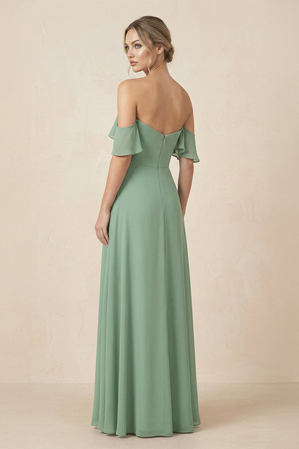 Off-the-Shoulder A-Line Chiffon Ruched Bridesmaid Dress in Sea Glass - KissProm BRIDESMAID DRESSES