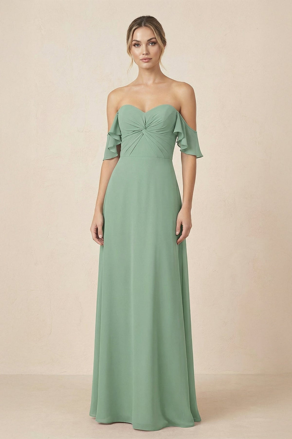 Off-the-Shoulder A-Line Chiffon Ruched Bridesmaid Dress in Sea Glass - KissProm BRIDESMAID DRESSES