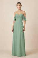 Off-the-Shoulder A-Line Chiffon Ruched Bridesmaid Dress in Sea Glass - KissProm BRIDESMAID DRESSES