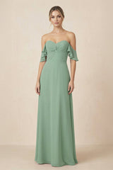Off-the-Shoulder A-Line Chiffon Ruched Bridesmaid Dress in Sea Glass - KissProm BRIDESMAID DRESSES