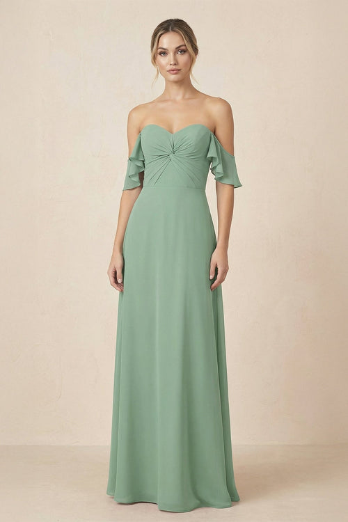 Off-the-Shoulder A-Line Chiffon Ruched Bridesmaid Dress in Sea Glass - KissProm BRIDESMAID DRESSES