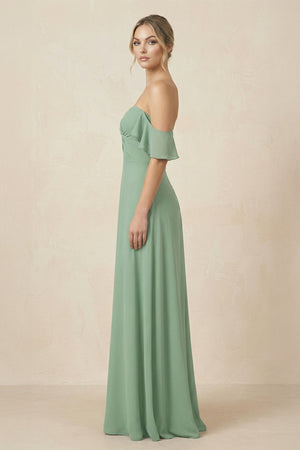 Off-the-Shoulder A-Line Chiffon Ruched Bridesmaid Dress in Sea Glass - KissProm BRIDESMAID DRESSES
