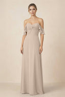Off-the-Shoulder A-Line Chiffon Ruched Bridesmaid Dress in Almond - KissProm BRIDESMAID DRESSES