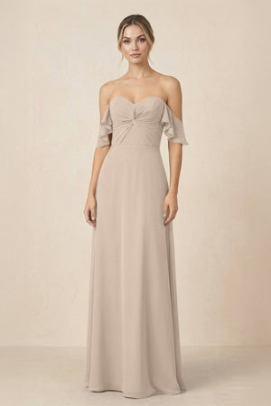 Off-the-Shoulder A-Line Chiffon Ruched Bridesmaid Dress in Almond - KissProm BRIDESMAID DRESSES