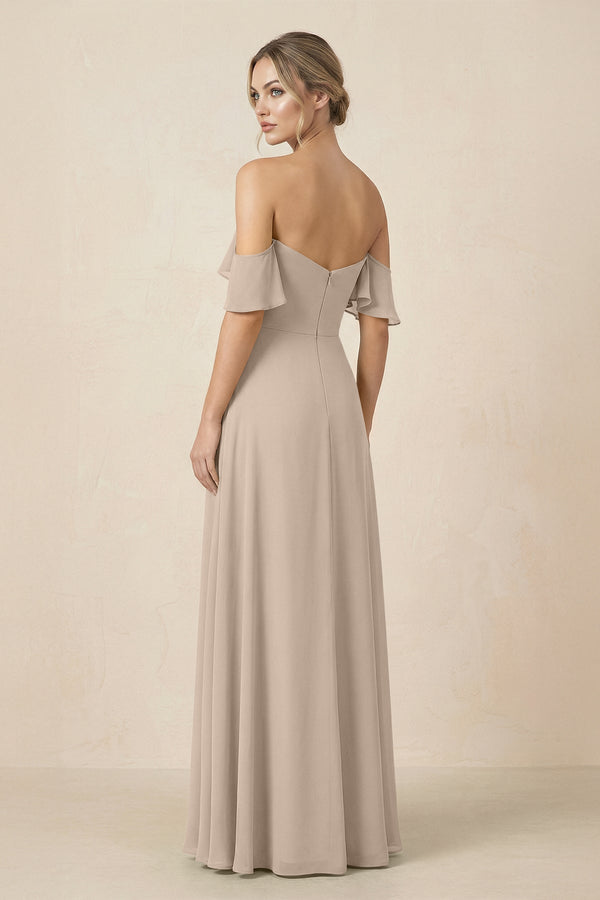 Off-the-Shoulder A-Line Chiffon Ruched Bridesmaid Dress in Almond - KissProm BRIDESMAID DRESSES