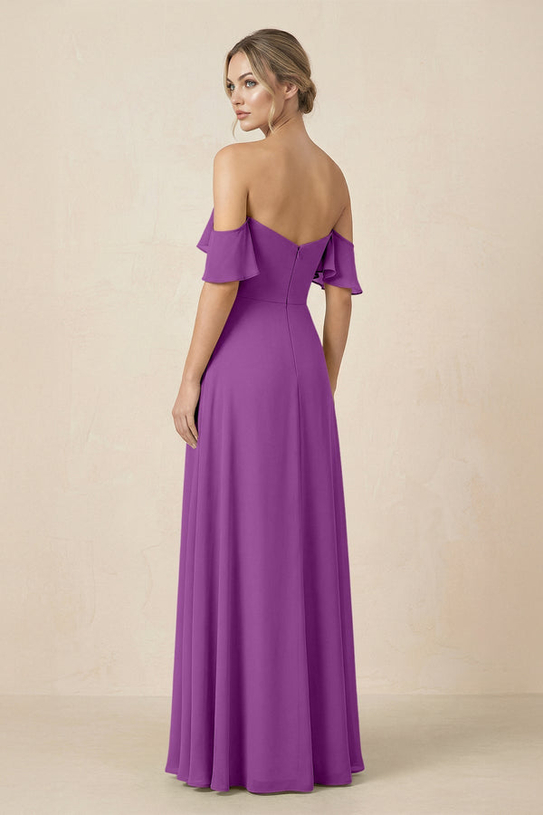 Off-the-Shoulder A-Line Chiffon Ruched Bridesmaid Dress in Amethyst - KissProm BRIDESMAID DRESSES