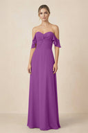 Off-the-Shoulder A-Line Chiffon Ruched Bridesmaid Dress in Amethyst - KissProm BRIDESMAID DRESSES