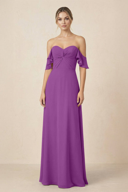 Off-the-Shoulder A-Line Chiffon Ruched Bridesmaid Dress in Amethyst - KissProm BRIDESMAID DRESSES
