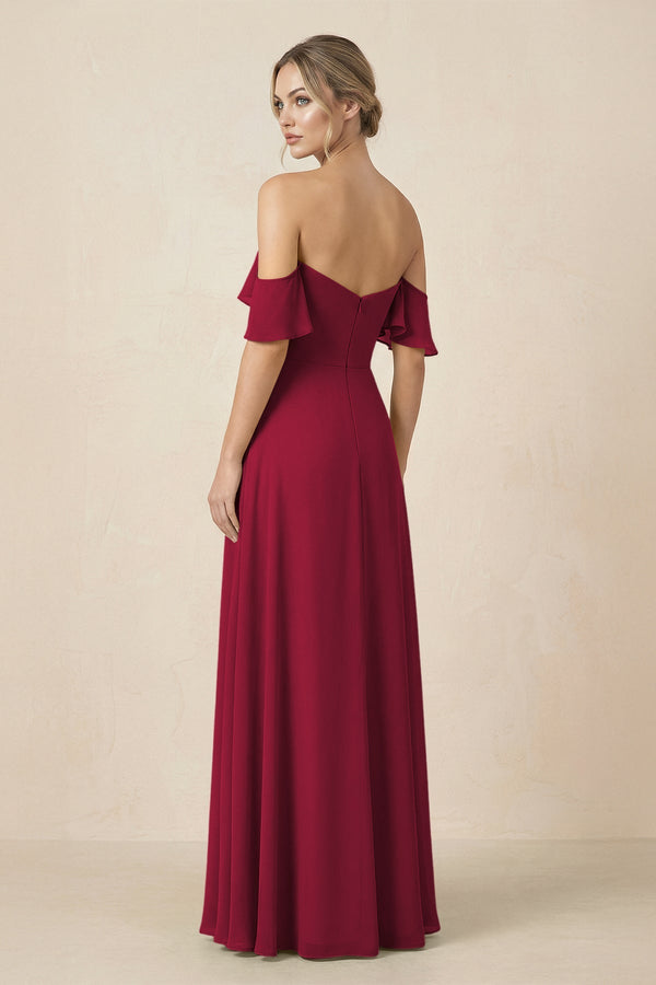 Off-the-Shoulder A-Line Chiffon Ruched Bridesmaid Dress in Berry - KissProm BRIDESMAID DRESSES
