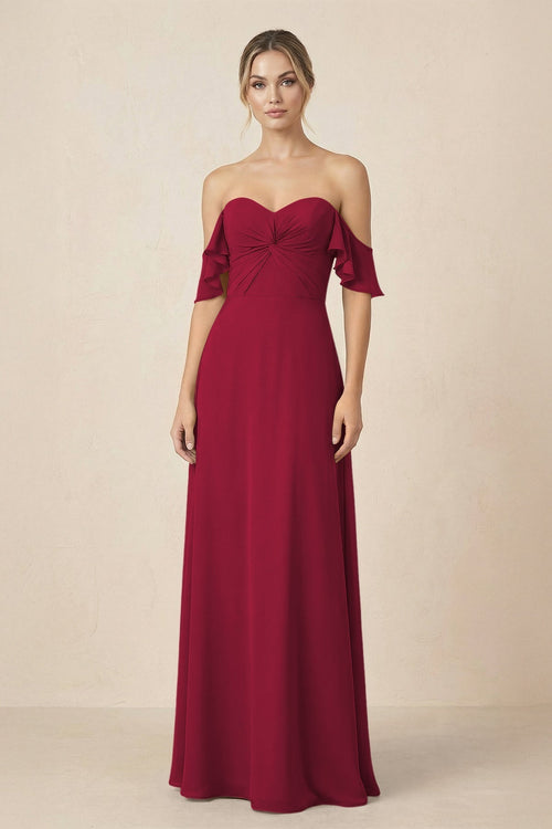 Off-the-Shoulder A-Line Chiffon Ruched Bridesmaid Dress in Berry - KissProm BRIDESMAID DRESSES