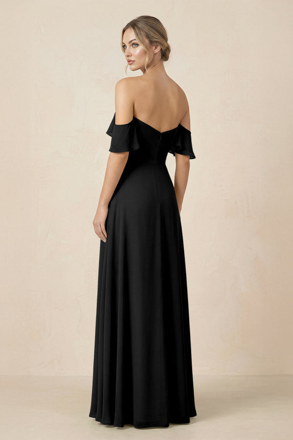 Off-the-Shoulder A-Line Chiffon Ruched Bridesmaid Dress in Black - KissProm BRIDESMAID DRESSES