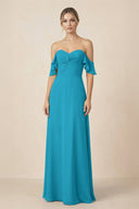 Off-the-Shoulder A-Line Chiffon Ruched Bridesmaid Dress in Blue Jay - KissProm BRIDESMAID DRESSES