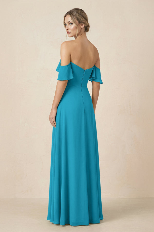 Off-the-Shoulder A-Line Chiffon Ruched Bridesmaid Dress in Blue Jay - KissProm BRIDESMAID DRESSES