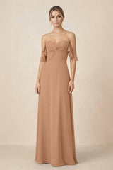 Off-the-Shoulder A-Line Chiffon Ruched Bridesmaid Dress in Bronzer - KissProm BRIDESMAID DRESSES