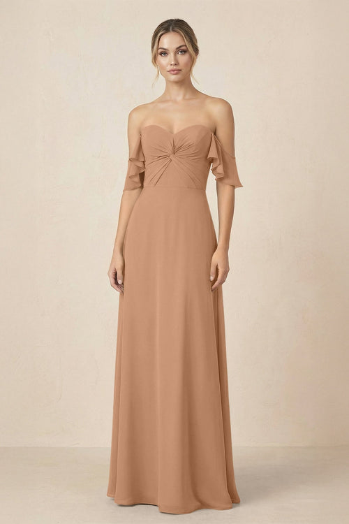 Off-the-Shoulder A-Line Chiffon Ruched Bridesmaid Dress in Bronzer - KissProm BRIDESMAID DRESSES