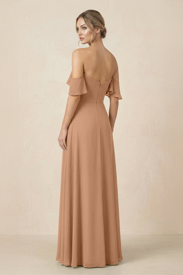 Off-the-Shoulder A-Line Chiffon Ruched Bridesmaid Dress in Bronzer - KissProm BRIDESMAID DRESSES