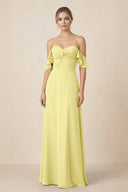 Off-the-Shoulder A-Line Chiffon Ruched Bridesmaid Dress in Buttercup - KissProm BRIDESMAID DRESSES