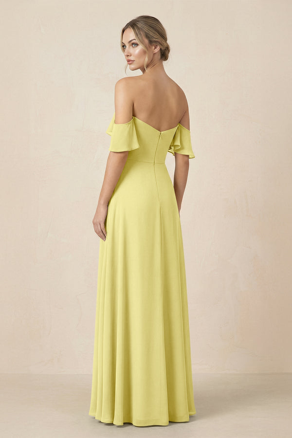Off-the-Shoulder A-Line Chiffon Ruched Bridesmaid Dress in Buttercup - KissProm BRIDESMAID DRESSES