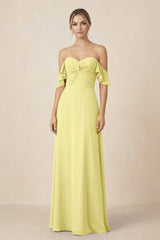 Off-the-Shoulder A-Line Chiffon Ruched Bridesmaid Dress in Buttercup - KissProm BRIDESMAID DRESSES