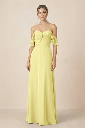 Off-the-Shoulder A-Line Chiffon Ruched Bridesmaid Dress in Buttercup - KissProm BRIDESMAID DRESSES