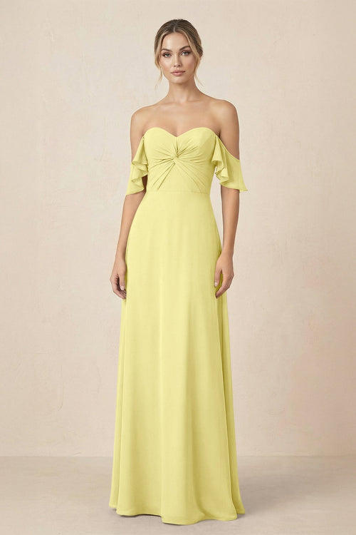 Off-the-Shoulder A-Line Chiffon Ruched Bridesmaid Dress in Buttercup - KissProm BRIDESMAID DRESSES