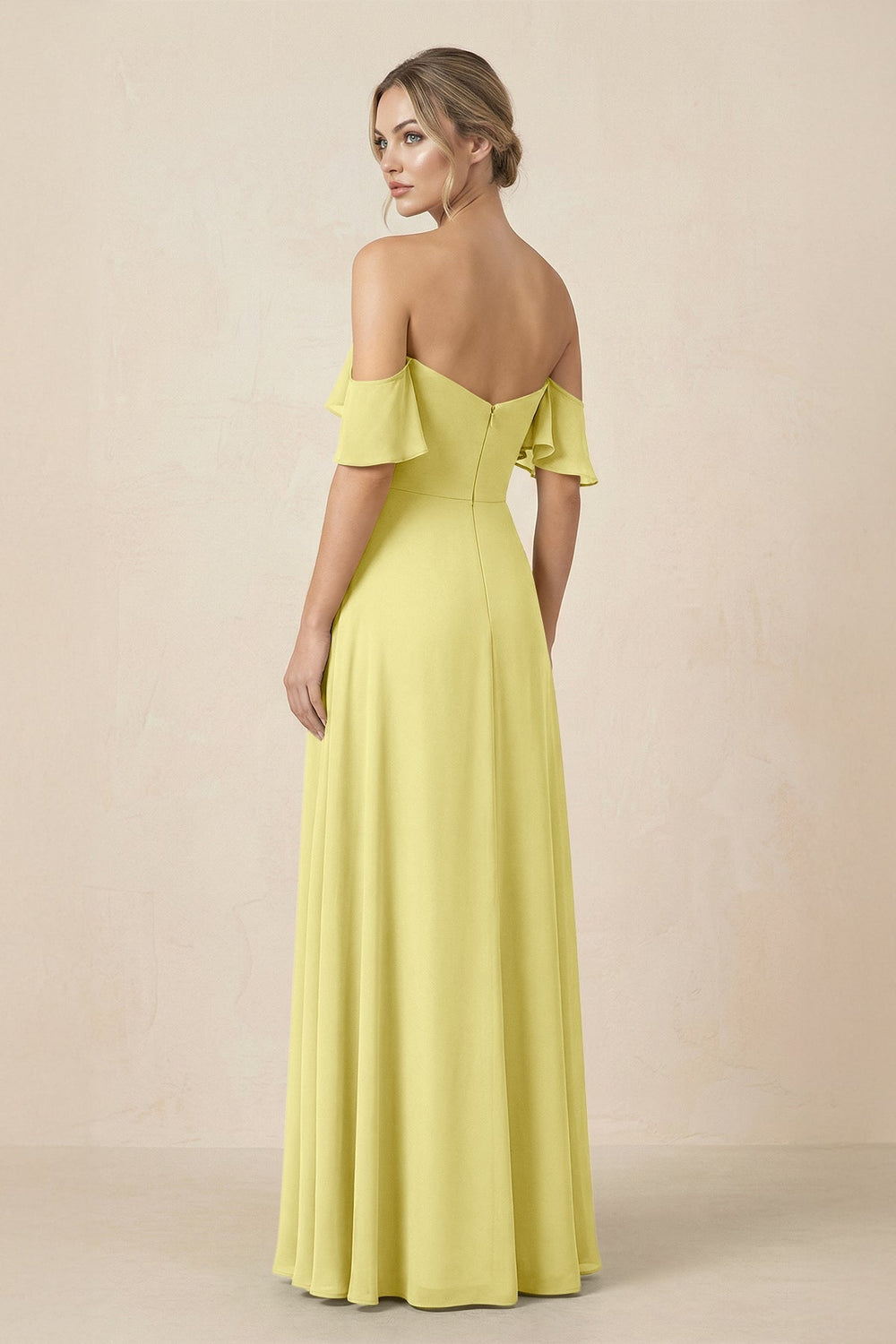 Off-the-Shoulder A-Line Chiffon Ruched Bridesmaid Dress in Buttercup - KissProm BRIDESMAID DRESSES