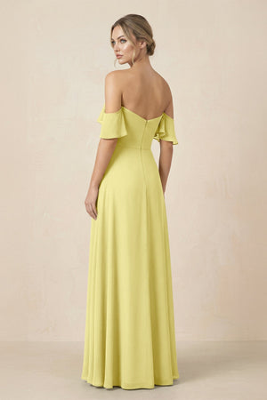 Off-the-Shoulder A-Line Chiffon Ruched Bridesmaid Dress in Buttercup - KissProm BRIDESMAID DRESSES