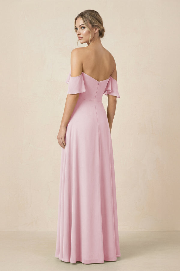 Off-the-Shoulder A-Line Chiffon Ruched Bridesmaid Dress in Candy Pink - KissProm BRIDESMAID DRESSES