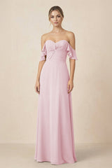 Off-the-Shoulder A-Line Chiffon Ruched Bridesmaid Dress in Candy Pink - KissProm BRIDESMAID DRESSES