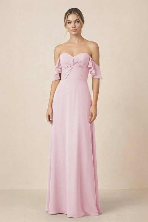 Off-the-Shoulder A-Line Chiffon Ruched Bridesmaid Dress in Candy Pink - KissProm BRIDESMAID DRESSES