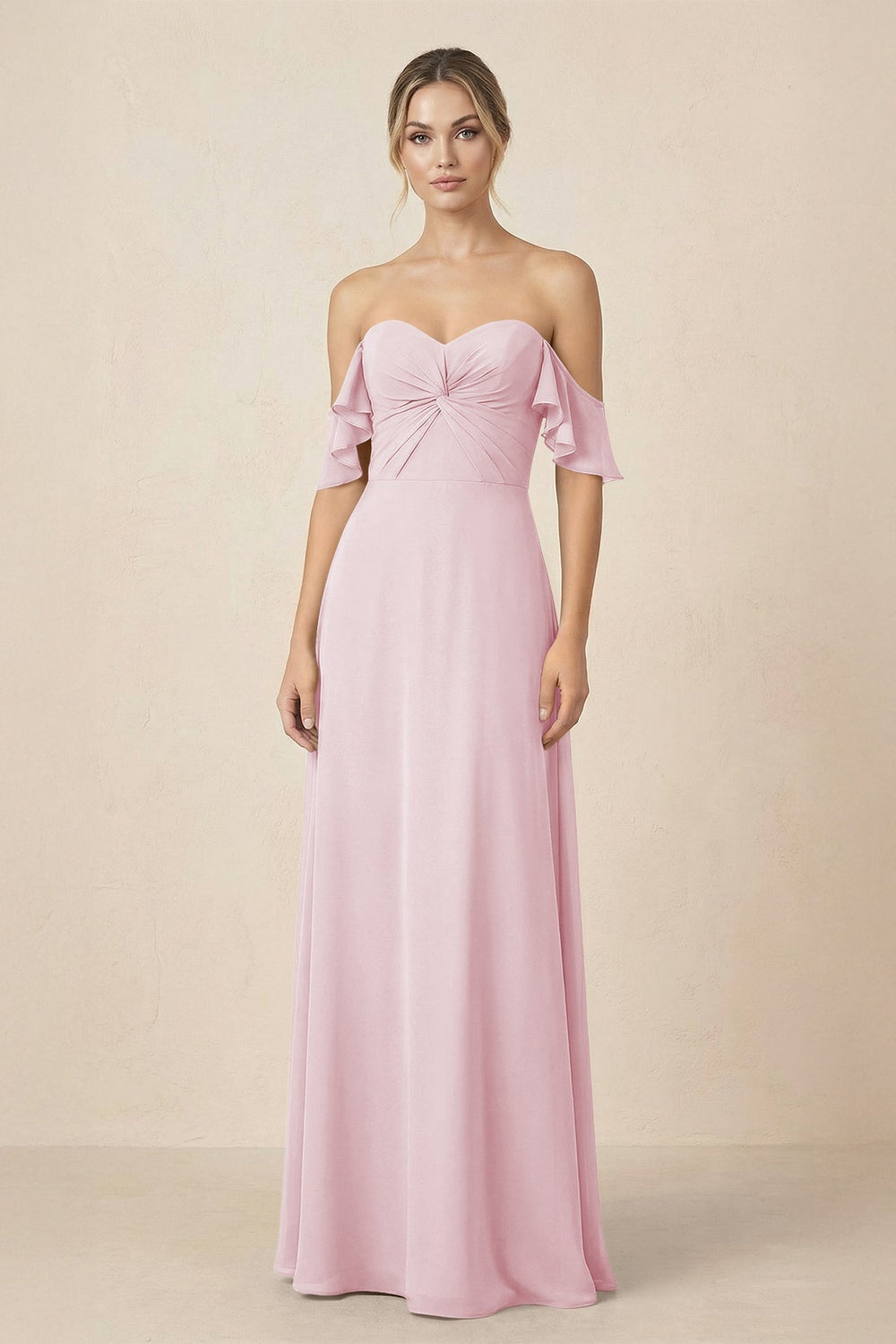 Off-the-Shoulder A-Line Chiffon Ruched Bridesmaid Dress in Candy Pink - KissProm BRIDESMAID DRESSES
