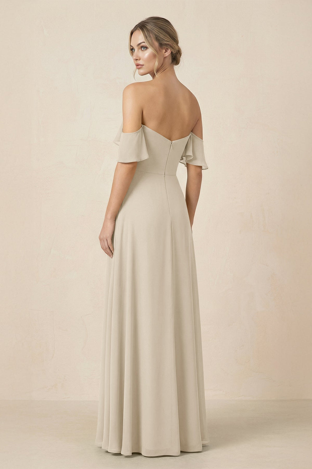 Off-the-Shoulder A-Line Chiffon Ruched Bridesmaid Dress in Champagne - KissProm BRIDESMAID DRESSES
